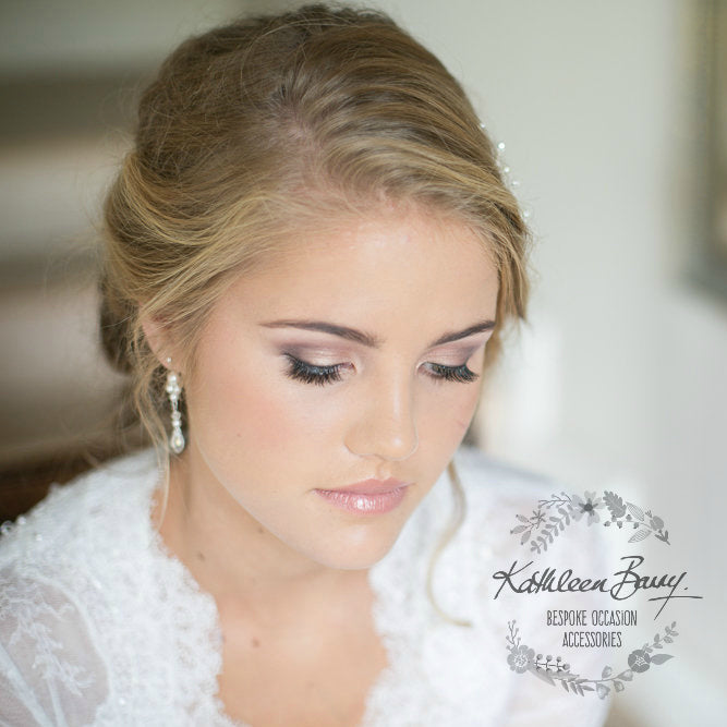 Lauren drop crystal pearl earrings - Silver, Gold, Rose gold or copper finish - assorted pearl color options