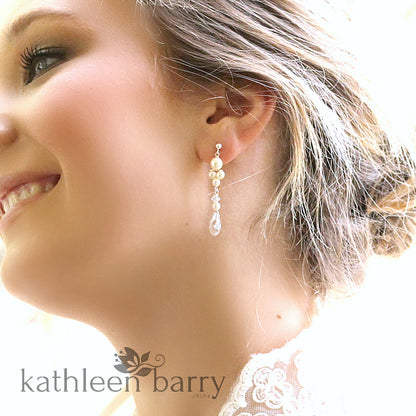 Lauren drop crystal pearl earrings - Silver, Gold, Rose gold or copper finish - assorted pearl color options
