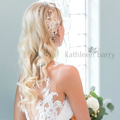 Elsibe lace hairpiece - veil accessory Rose gold or silver, Crystal, pearl in ivory champagne tones