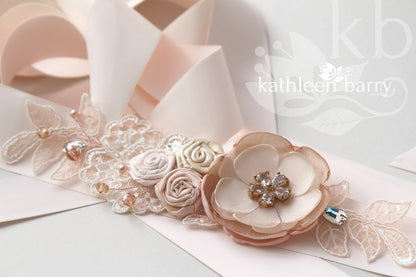 Leanne Wedding Dress Sash/Bridal belt in Blush pink and nude tones with luxury fabric flowers, rhinestone and lace detail - rose gold