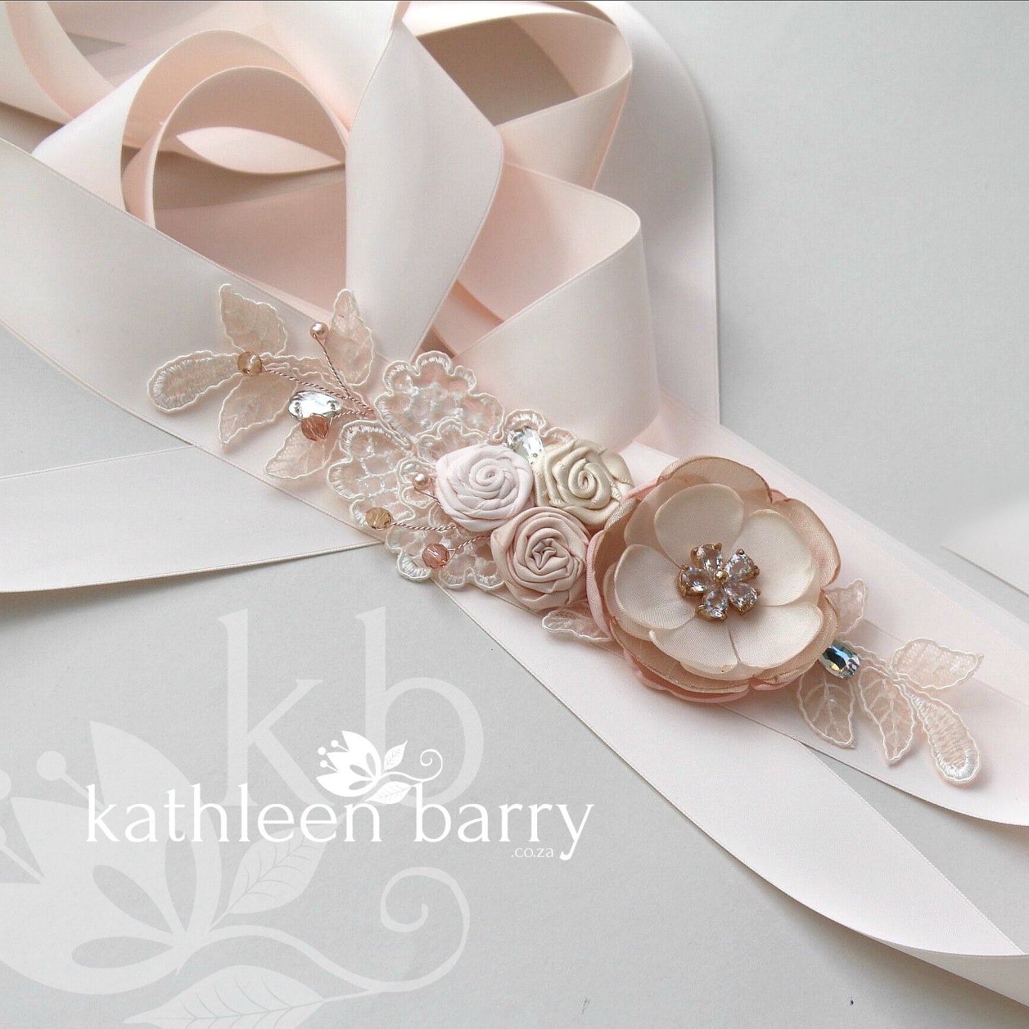 Leanne Wedding Dress Sash Bridal belt in Blush pink and nude tones wit Kathleen Barry Bespoke Occasion Accessories