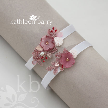 Lily heirloom garter set (or individually) - Dusty pink pomegranate - color options available