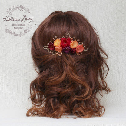 Lize floral hair comb - Autumn shades - Handmade fabric flowers rose gold elements