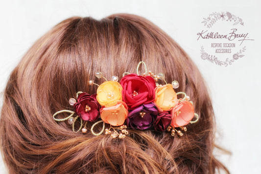 Lize floral hair comb - Autumn shades - Handmade fabric flowers rose gold elements