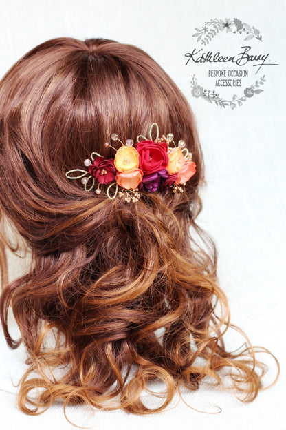 Lize floral hair comb - Autumn shades - Handmade fabric flowers rose gold elements