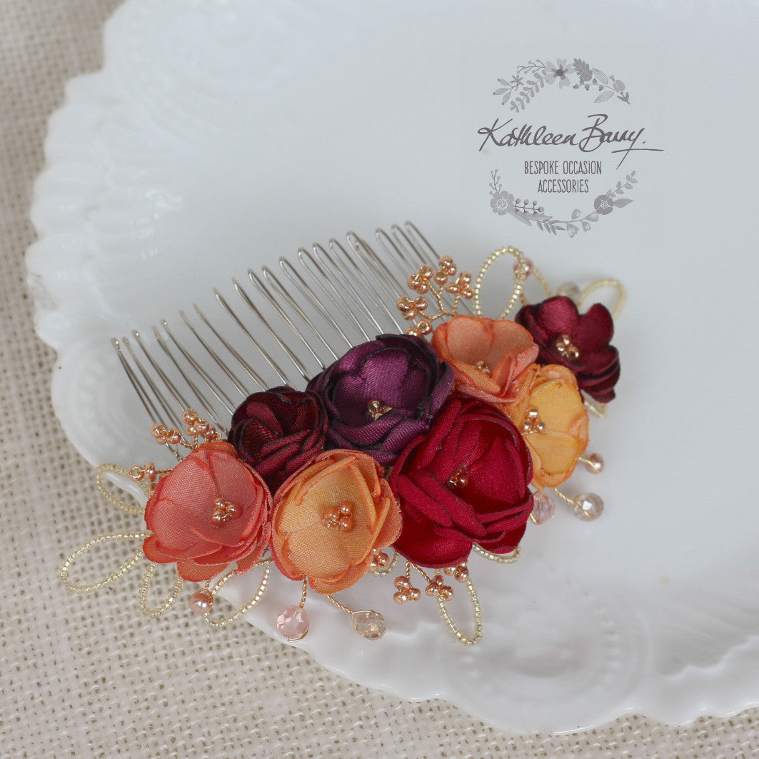 Lize floral hair comb - Autumn shades - Handmade fabric flowers rose gold elements