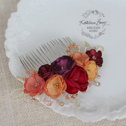 Lize floral hair comb - Autumn shades - Handmade fabric flowers rose gold elements