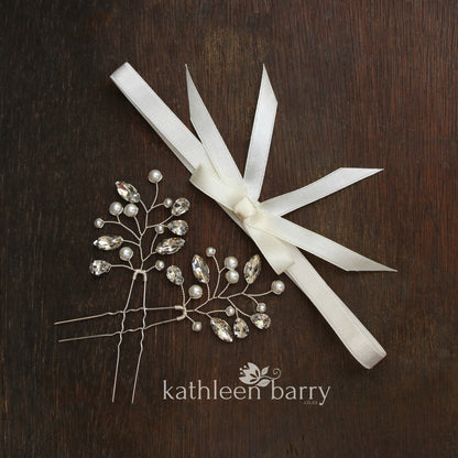 Lucia crystal rhinestone and pearl hair pin - Color options available (2-tone or single)