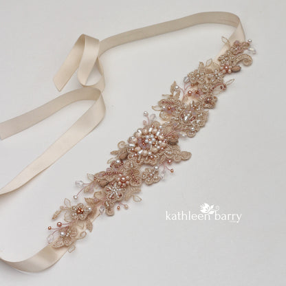 Rose Gold Blush pink wedding dress lace belt, bridal gown sash online champagne