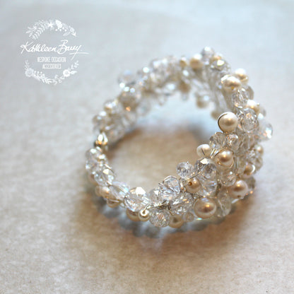 Madeleine cuff bracelet, glass pearls and crystals - Silver or gold plated