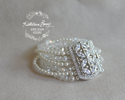 Maggie seven strand silver cuff bracelet crystal pearl - Cubic zirconia clasp