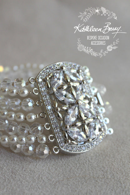 Maggie seven strand silver cuff bracelet crystal pearl - Cubic zirconia clasp