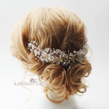 Monica floral crystal and pearl vine style hairpiece - Rose gold, gold or silver