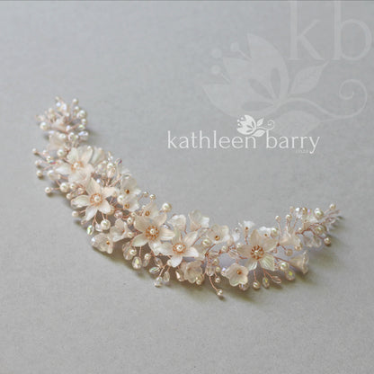 Monica floral crystal and pearl vine style hairpiece - Rose gold, gold or silver