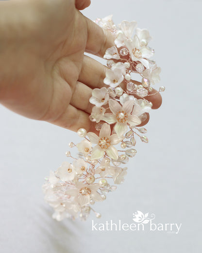 Monica floral crystal and pearl vine style hairpiece - Rose gold, gold or silver