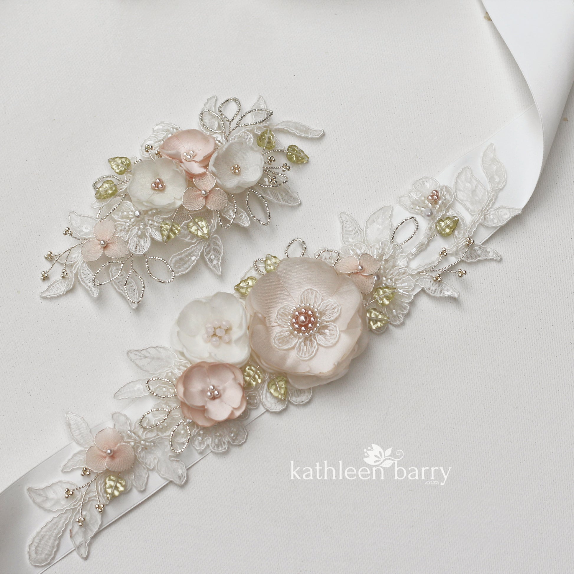 wedding dress belt hair clip set blush pink ivory