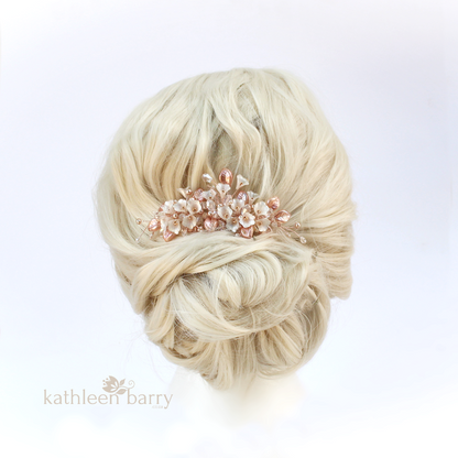 Nadine Floral leaf hair comb crystal & pearl - Rose gold, gold or silver - 7 pearl colors