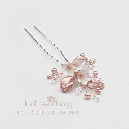 Nadine Floral leaf hair pin crystal & pearl - Rose gold, gold or silver - sold individually
