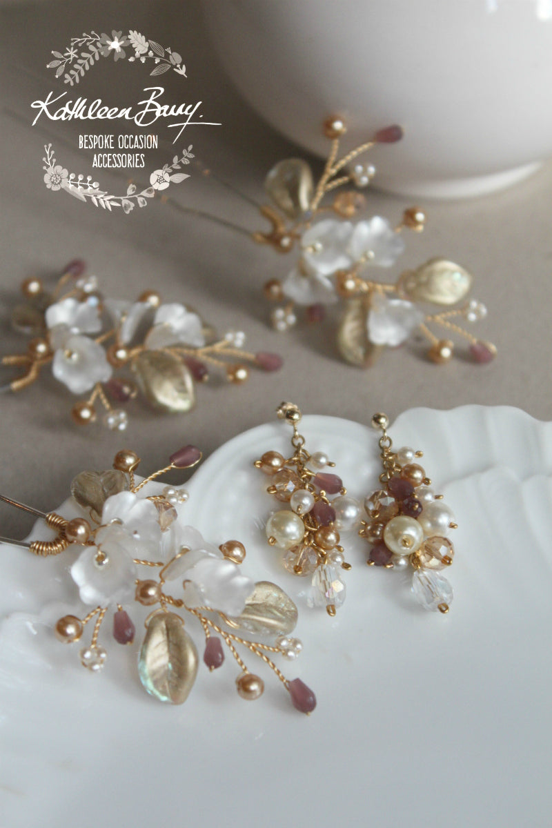 Nadine Floral leaf hair pin crystal & pearl - Rose gold, gold or silver - sold individually