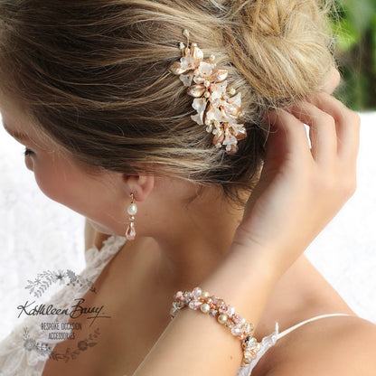 Nadine - Delicate Silver Pink Pearl floral leaf hairpiece - Colors to order