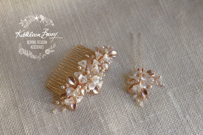 Nadine Floral leaf hair pin crystal & pearl - Rose gold, gold or silver - sold individually