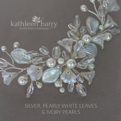 Nadine floral statement necklace - Flowers, leaves, crystals and pearls in rose gold, gold or silver finish