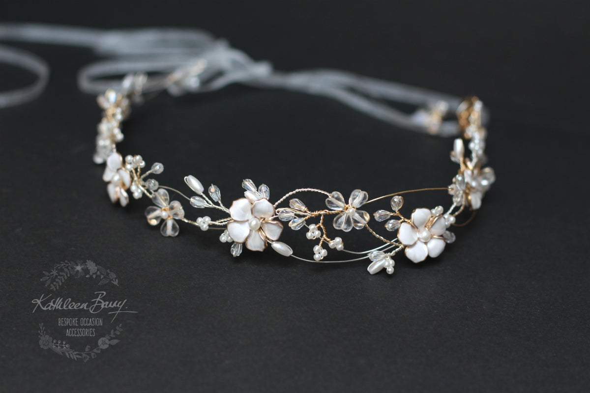 Naomi Wreath Bridal hair vine, crystals, pearls flower wreath, silver & gold plated wirework