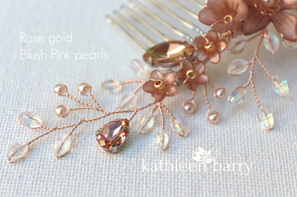 Rose gold Natalia Floral Spray Crystal, Pearl & Rhinestone Comb - Color options available
