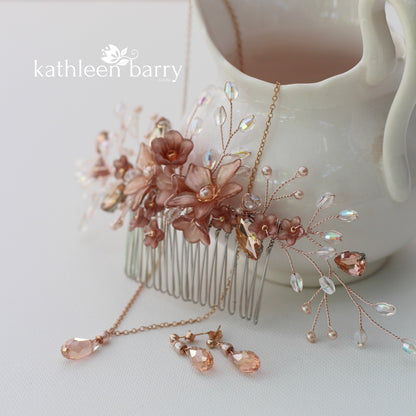 Rose gold Natalia Floral Spray Crystal, Pearl & Rhinestone Comb - Color options available