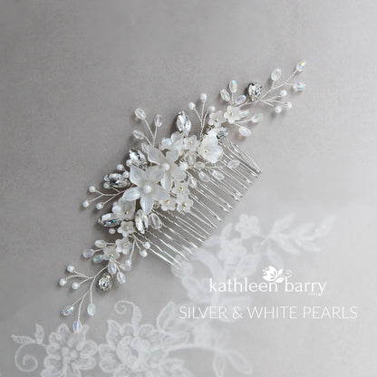 Natalia Floral Spray Crystal, Pearl & Rhinestone Comb - Color options available