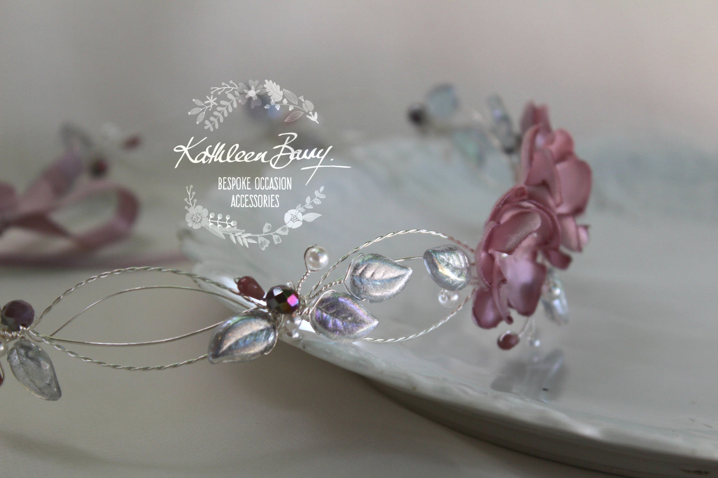 Natalie silver leaf headband and dusty pink mauve fabric flower (custom colors available)