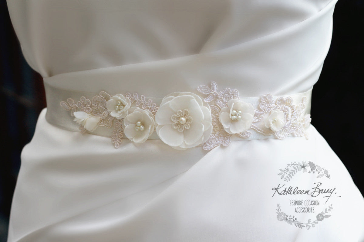 Natalie Wedding dress sash belt - floral with lace - ivory - color options available