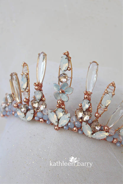 Paige Tiara style bridal crown rose gold and pale opal blue - wedding hair accessories - custom colors to order