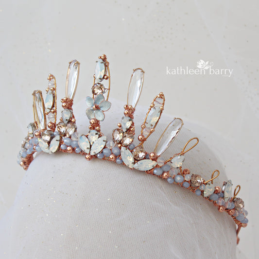 Paige Tiara style bridal crown rose gold and pale opal blue - wedding hair accessories - custom colors to order