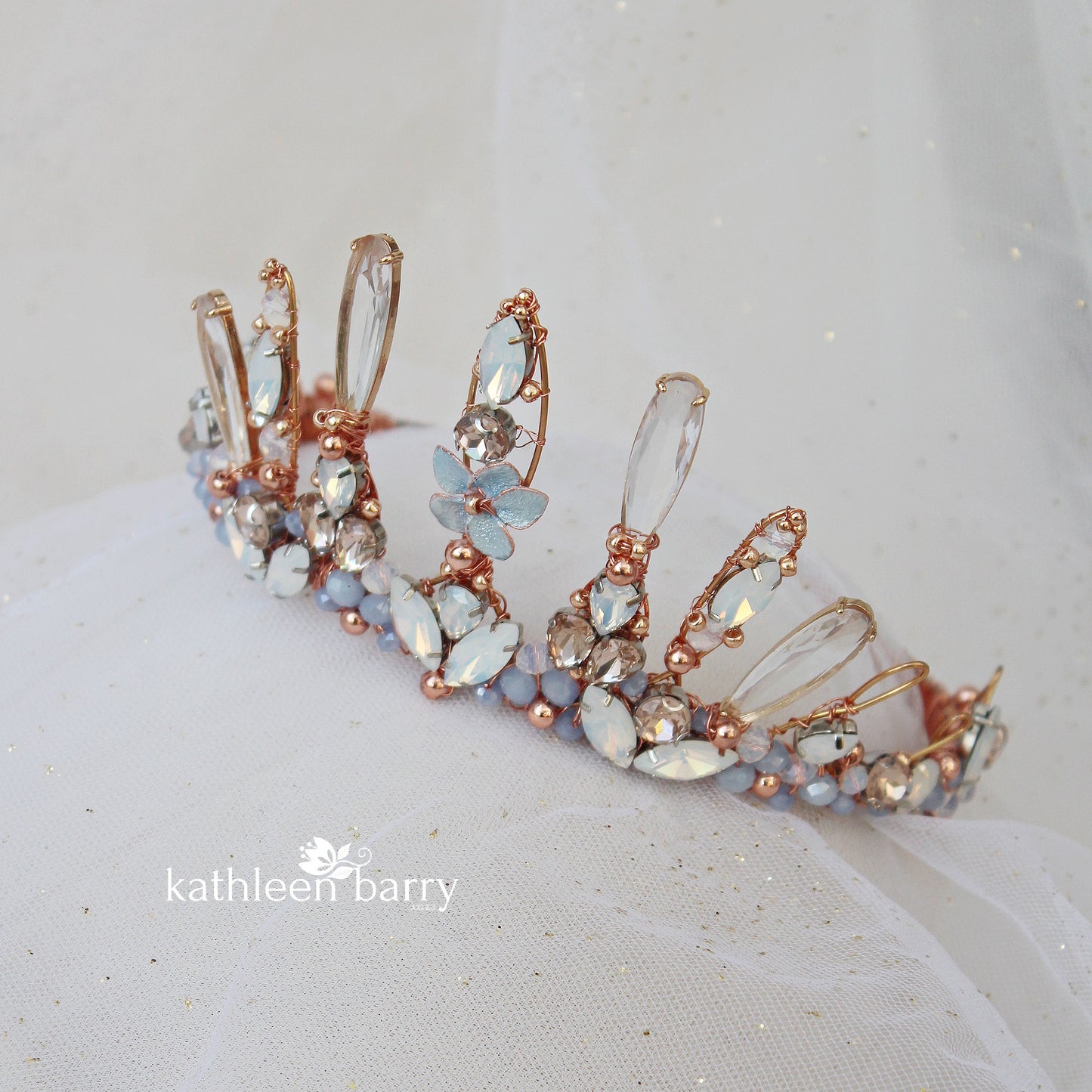 Paige Tiara style bridal crown rose gold and pale opal blue - wedding hair accessories - custom colors to order