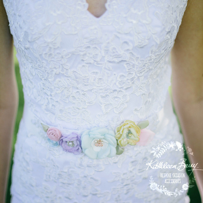 Alice Wedding dress sash belt Pastel shades - floral with lace - color customization available.