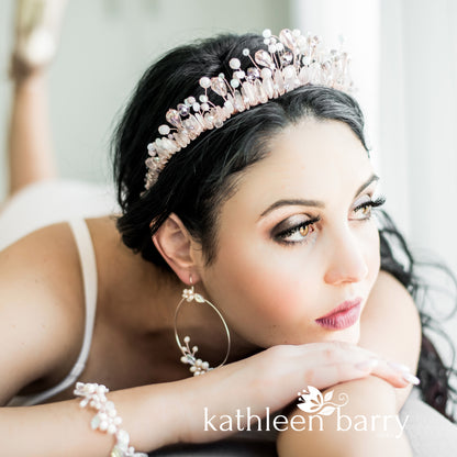 Pastel shades and Rose quartz and pearl crystal crown - Rose gold, gold or silver