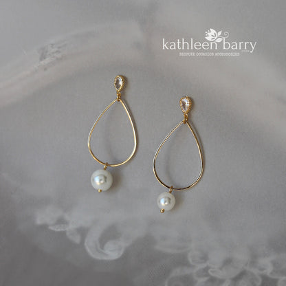 Payten gold or silver finish hoop pearl dop earrings with Cubic zirconia stud (two pearl size options)