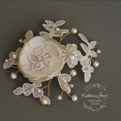 Phoebe Lace flower hair clip - wedding hair piece ivory - Clip only