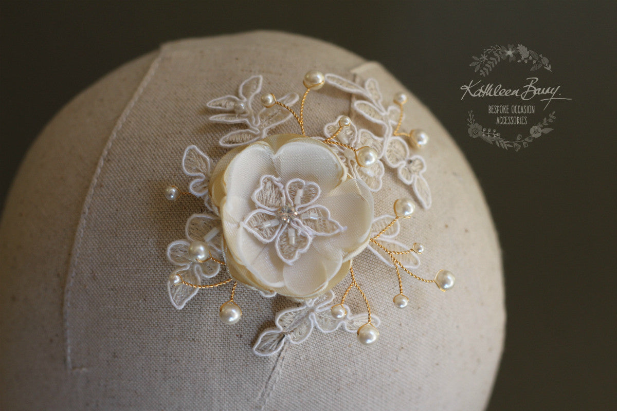 Phoebe Lace flower hair clip - wedding hair piece ivory - Clip only