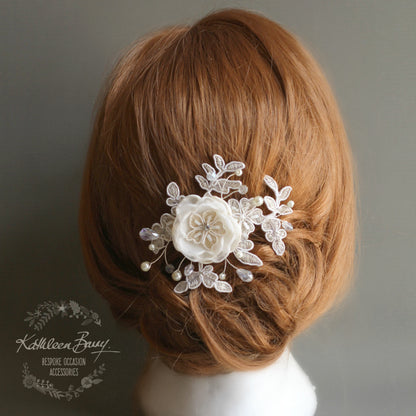 Phoebe Lace flower hair clip - wedding hair piece ivory - Clip only