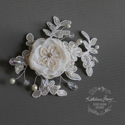Phoebe Lace flower hair clip - wedding hair piece ivory - Clip only