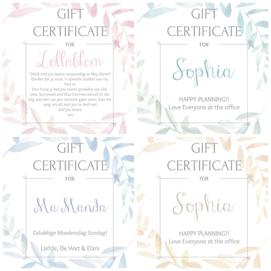 Gift certificate personalized - Bridal shower gift idea - COLORS AVAILABLE - Choose your amount starting FROM: