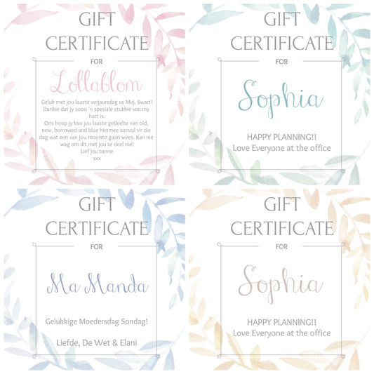 Gift certificate personalized - Bridal shower gift idea - COLORS AVAILABLE - Choose your amount starting FROM: