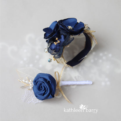 Theresa wrist corsage cuff bracelet - Navy & gold or colors to order