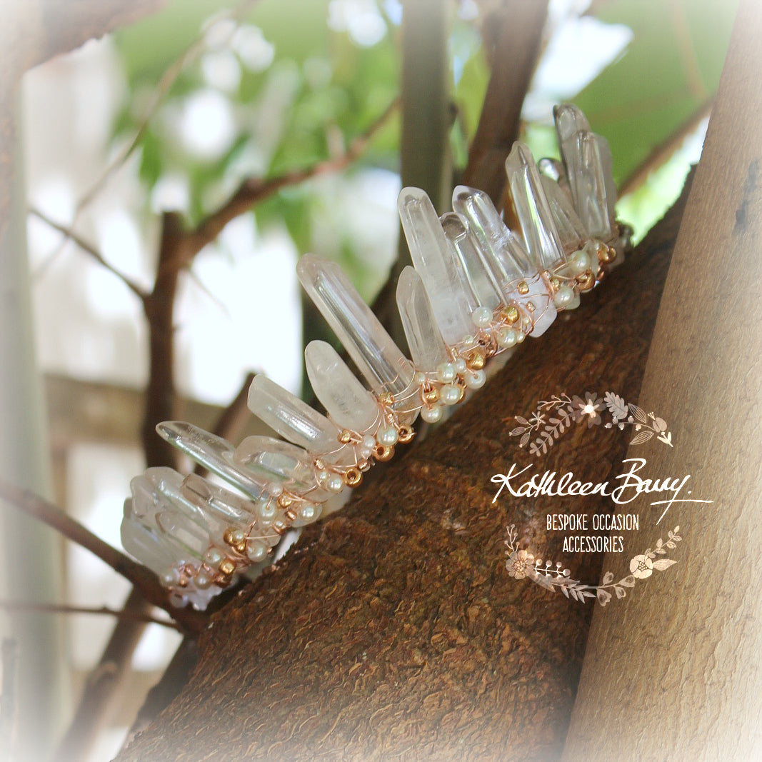Crystal quartz bridal crown with rose gold, gold or silver wirework - Added rose gold and pearls