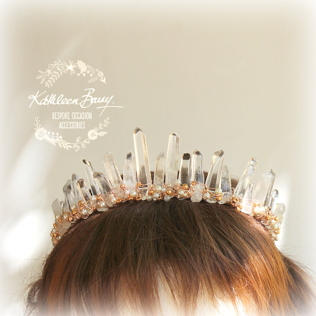 Crystal quartz bridal crown with rose gold, gold or silver wirework - Added rose gold and pearls