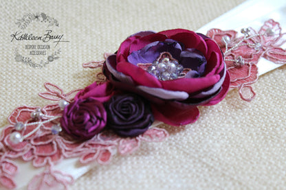 Lisa Wedding Dress Sash Belt - floral with lace - Raspberry Plum