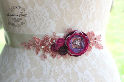 Lisa Wedding Dress Sash Belt - floral with lace - Raspberry Plum