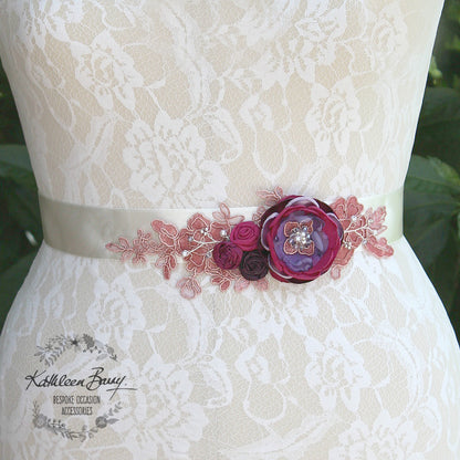 Lisa Wedding Dress Sash Belt - floral with lace - Raspberry Plum